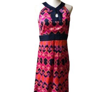 ANN‎ TAYLOR LOFT SLEEVELESS NAVY/PINK/ORANGE PRINT HALTER DRESS 4-EUC
